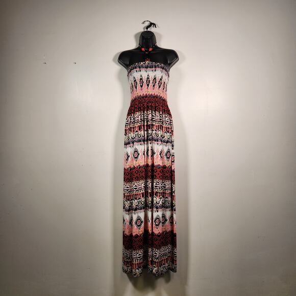 MAGIC Halter Maxi Dress Womens L Red Black Boho Beaded Tie Bow Summer Smocked - Picture 1 of 12